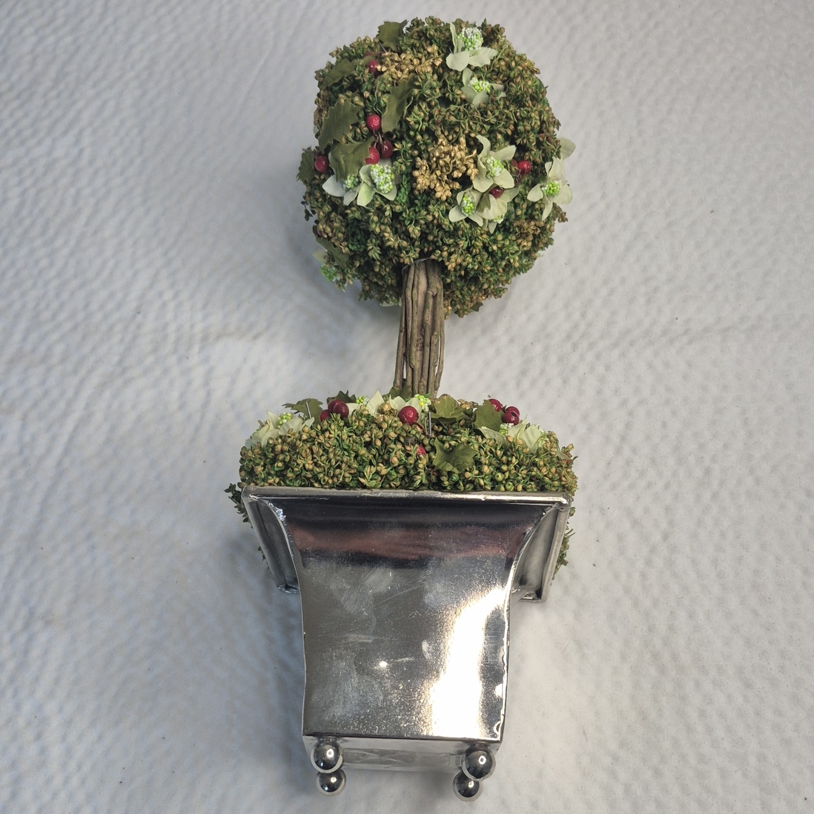 Artificial Double Ball Topiary in Silver Metal Planter Pot 11 in