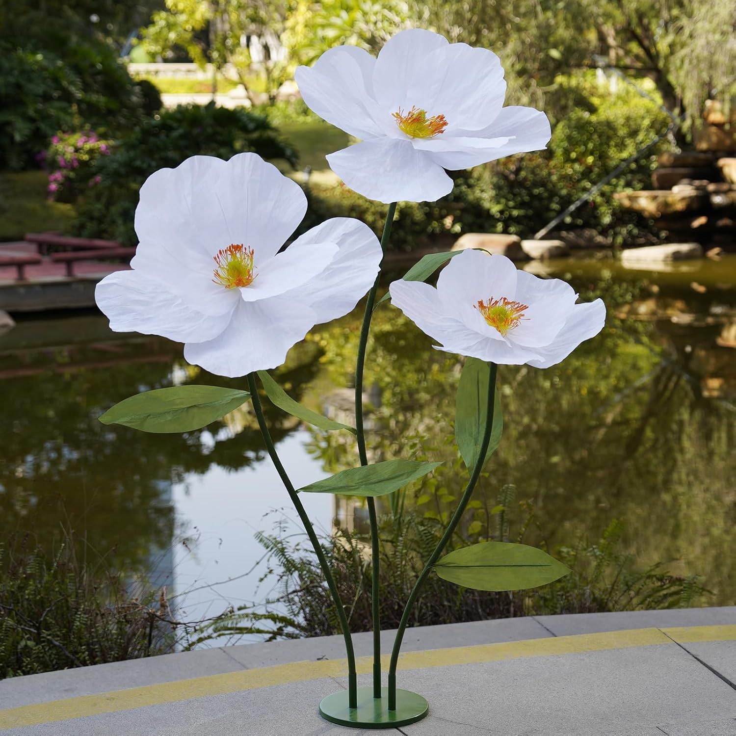 Giant White Paper Poppy Flowers for Home Decor & Events – Handcrafted Stand Incl