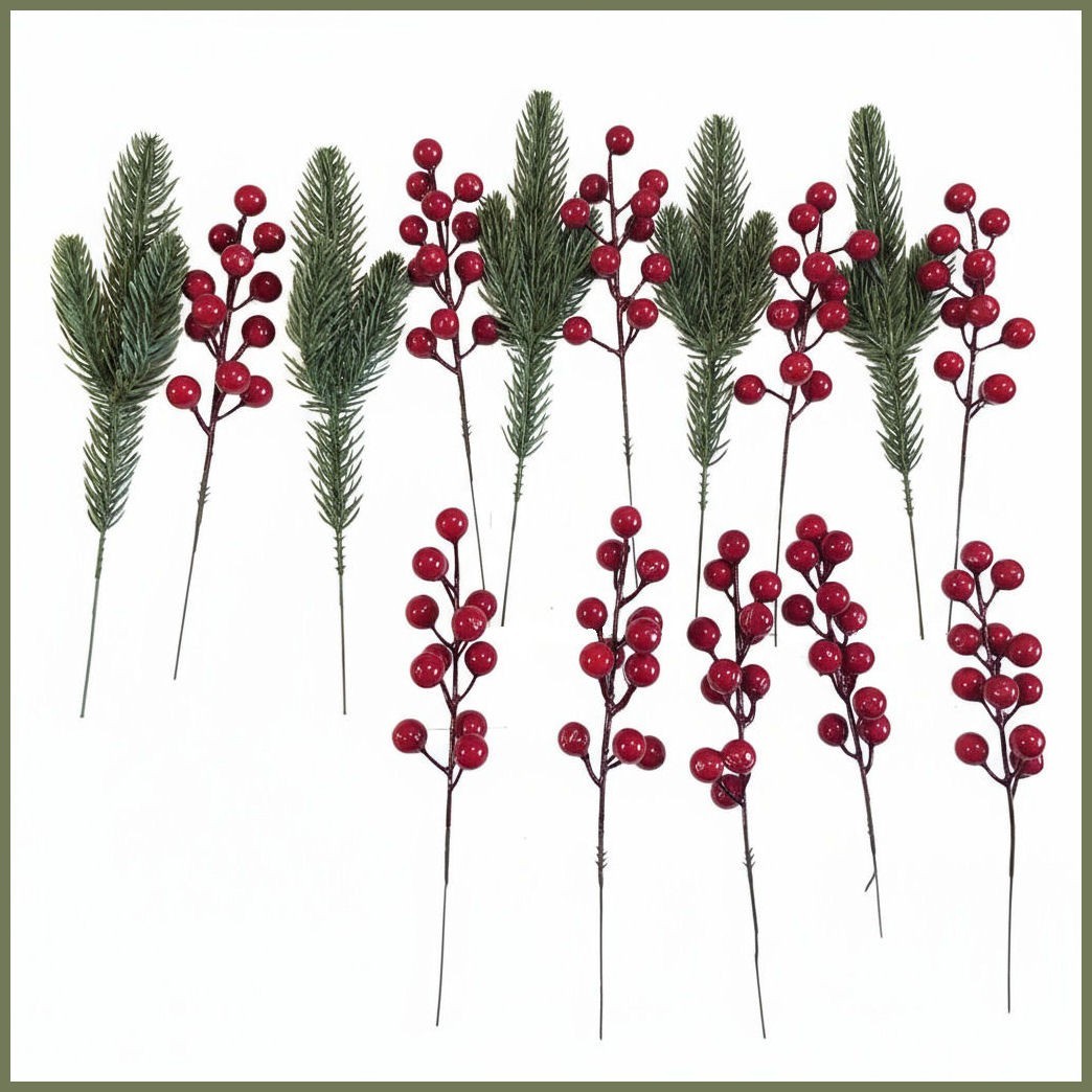 Package of 30 pcs. Artificial Red Berry 9″ Stems and 10.5″ Canadian Pine Picks