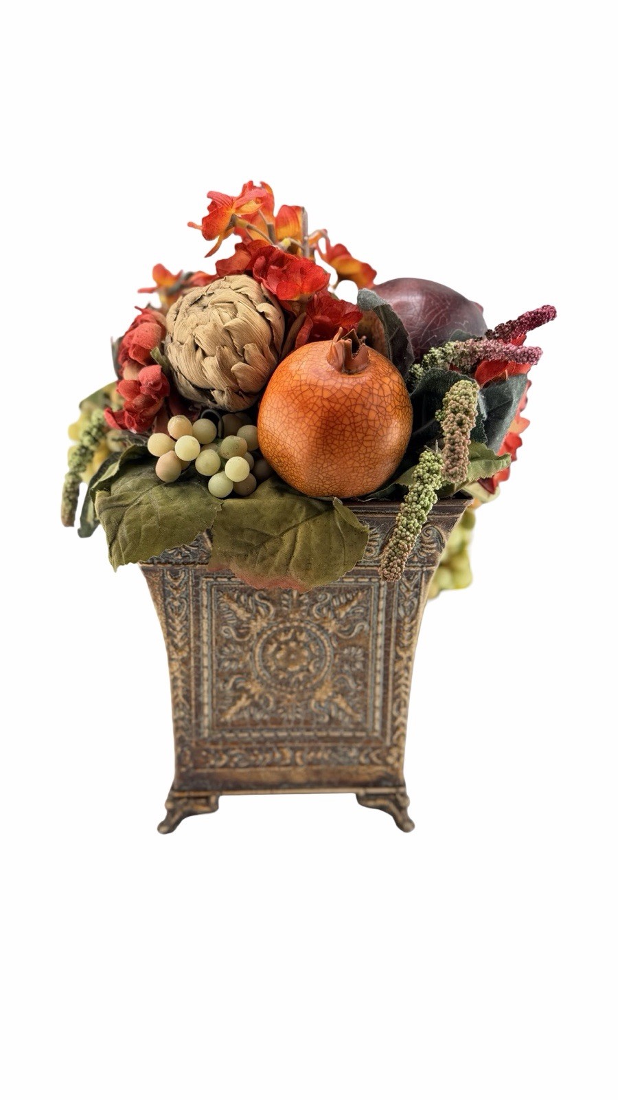 Fall Faux Floral Fruit Arrangement Grapes Pomegranate Planter Centerpiece 14”