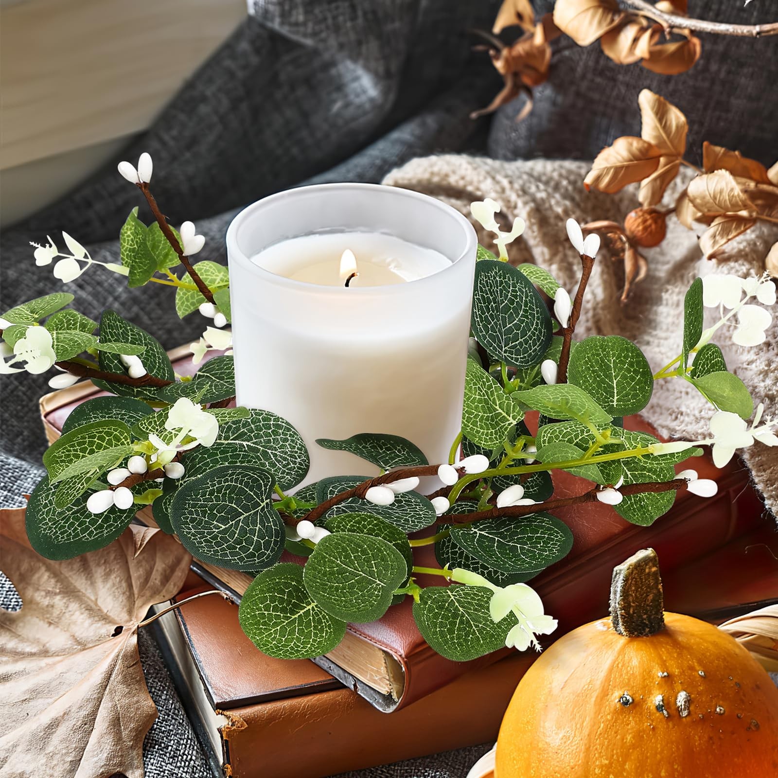 2 Pack Candle Rings Wreaths, Artificial Eucalyptus Leaves Candle Rings, Green Le