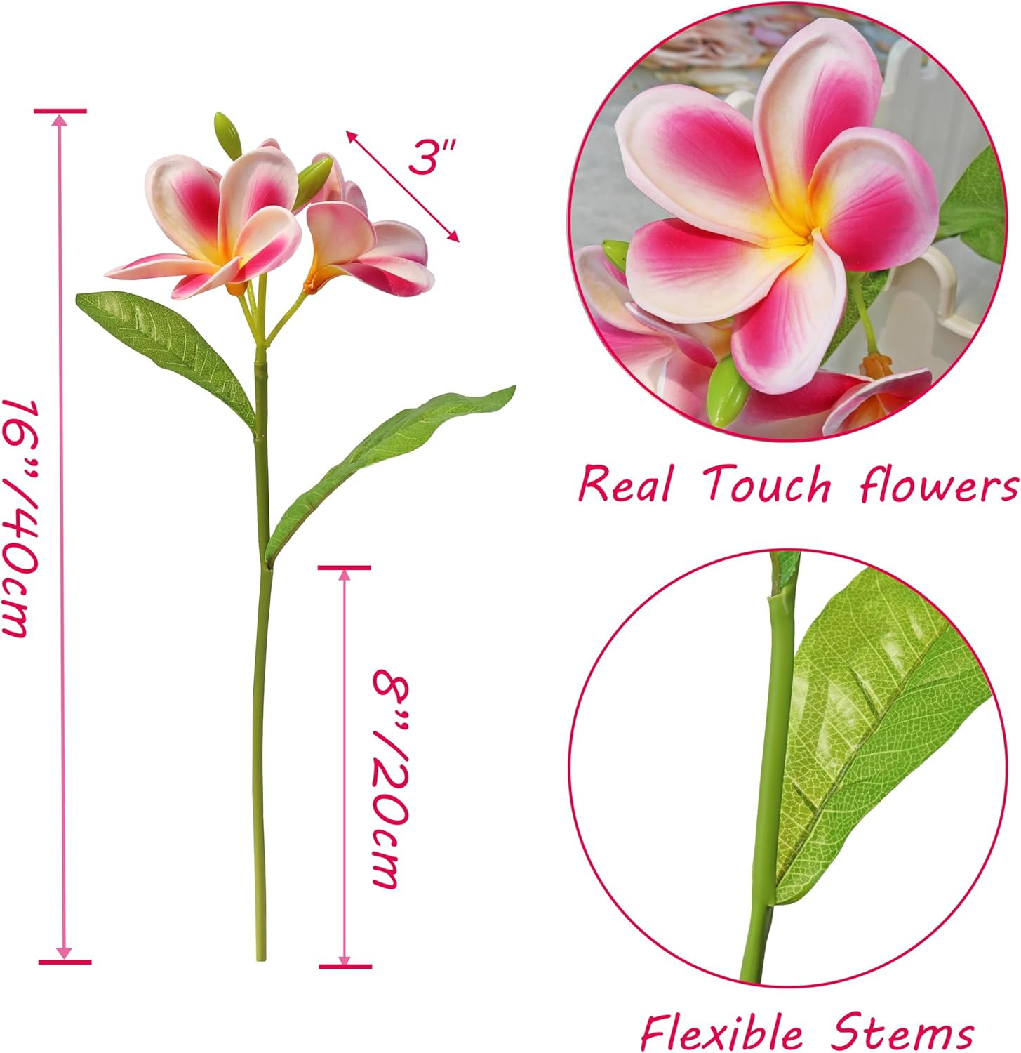 5PCS PU Real Touch Lifelike Artificial Plumeria Frangipani Flower Stems Wedding