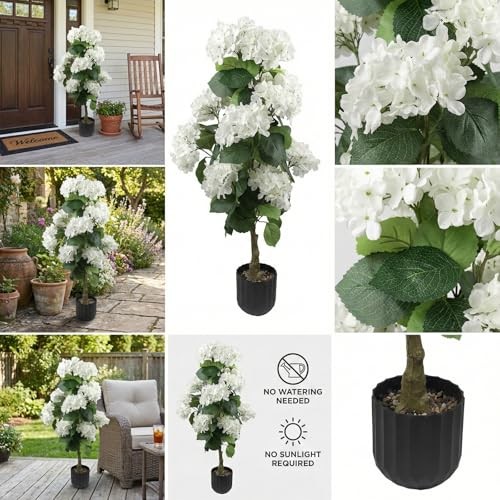 Pcs 3 Ft Artificial Hydrangea Trees Potted, UV Resistant Faux Silk 2 White