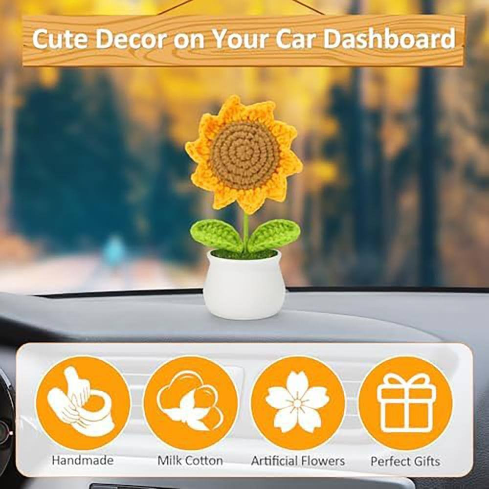 Artificial Sunflower 5 In. Yellow Crochet Flower for Desk Car Dashboard Decor Cu
