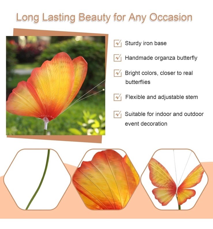 3Pc Large Silk Butterfly Decorations,Big Butterfly Decoration with Standing Base
