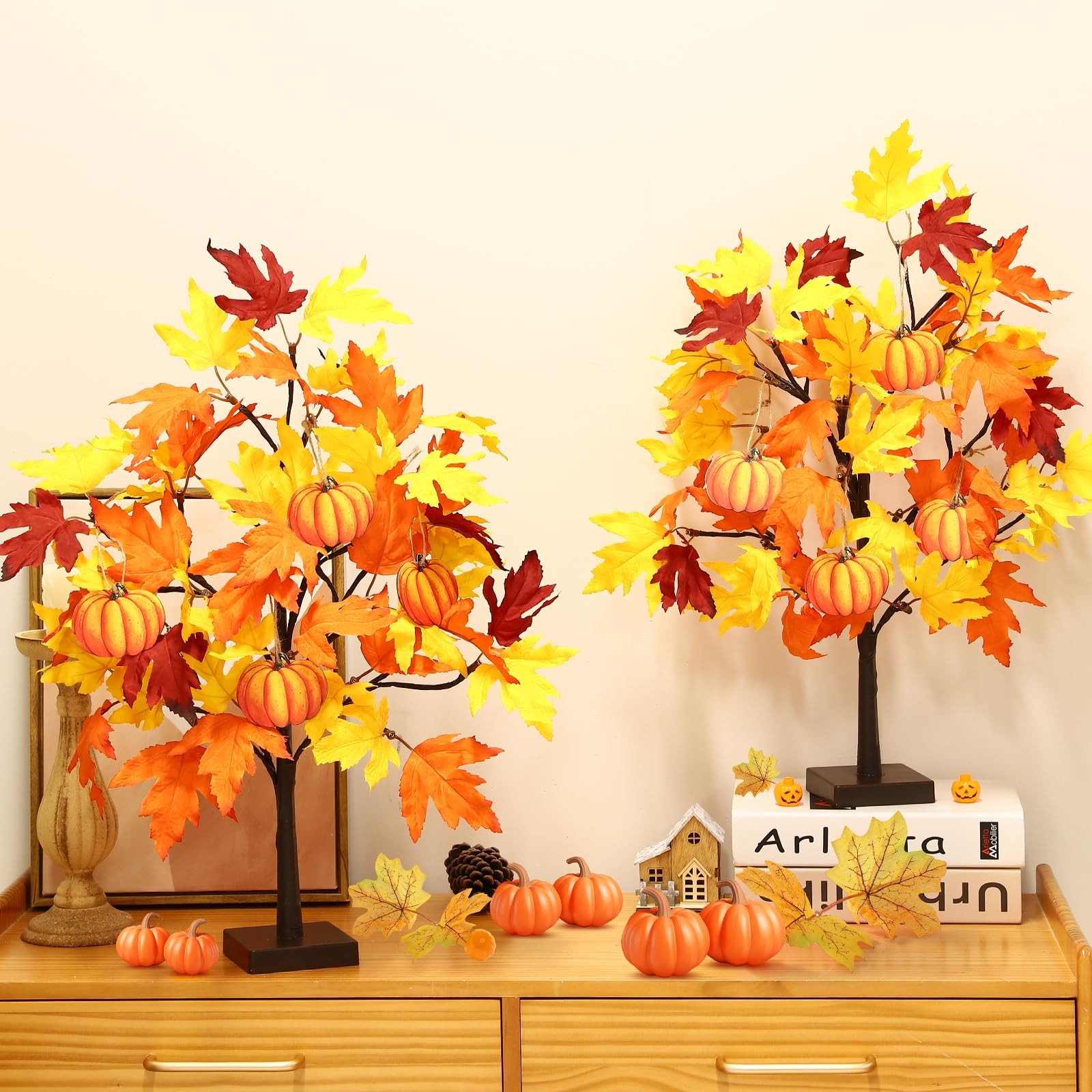 2 PCS 24 Inch Fall Maple Tree 48 LED Battery Lights 8 Pumpkin Ornaments