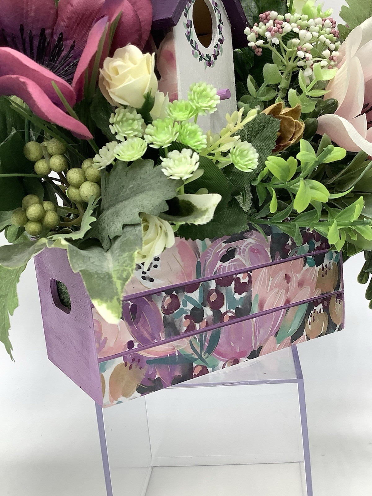 Handmade Purple Floral Arrangement With Hand painted Wood Birdhouse