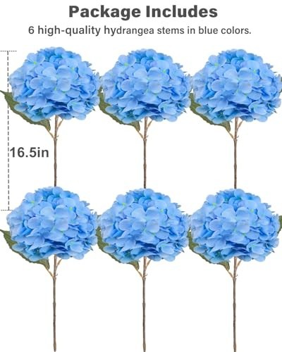 6PCS Premium Blue Silk Hydrangea Artificial Flowers Bouquets – Realistic Fake Hy