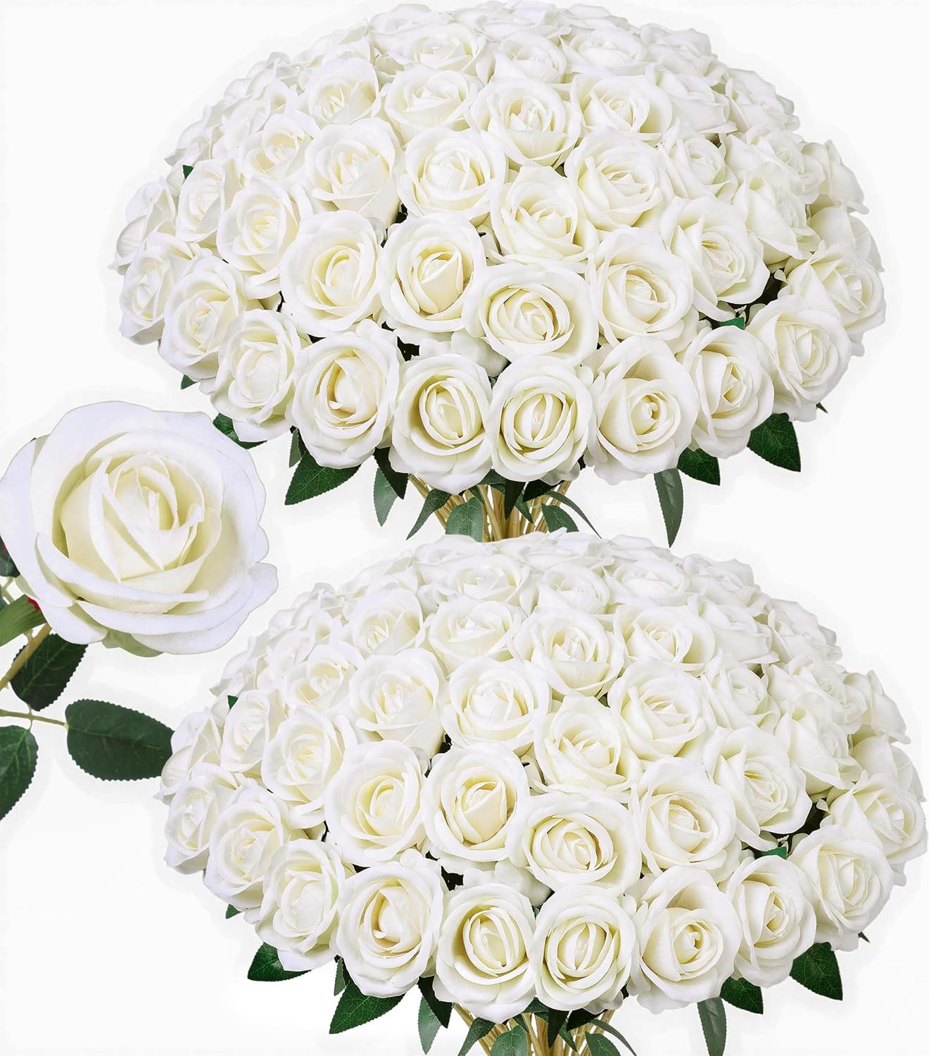 50 PCS Ivory Roses Artificial Flowers, Fake Roses with Stem Realistic Silk Roses