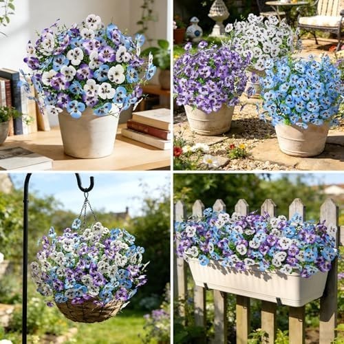 Ouddy Decor 20 Bundles Artificial Pansy Flowers for Outdoors, Fake Silk Flowers