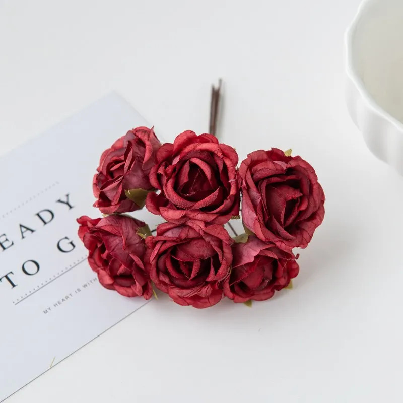 6Pcs Artificial Silk Tea Rose Mini Bouquet for Wedding Christmas Diy Home Decor
