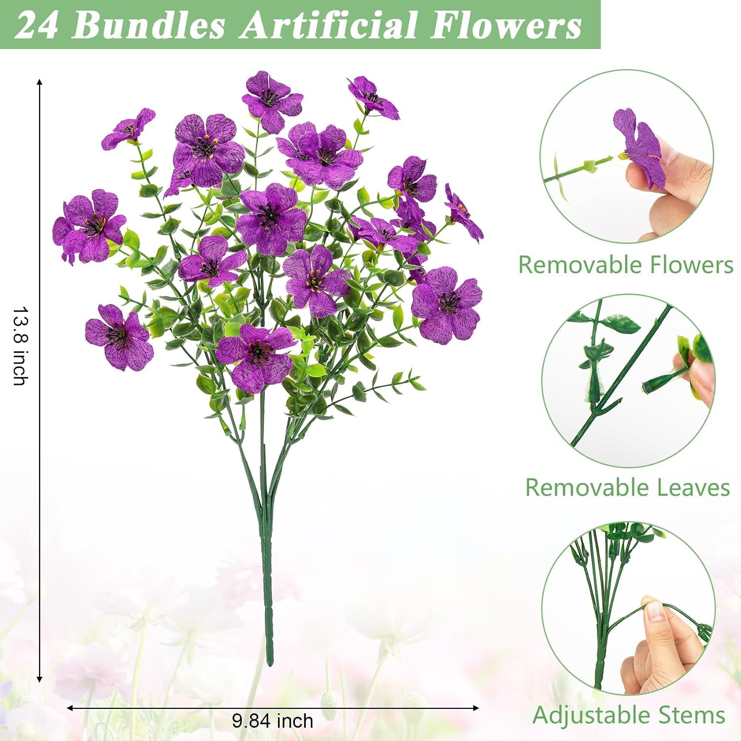 24 Bundles Artificial Flowers for Outdoors Decoration, UV Resistant Purple Si…
