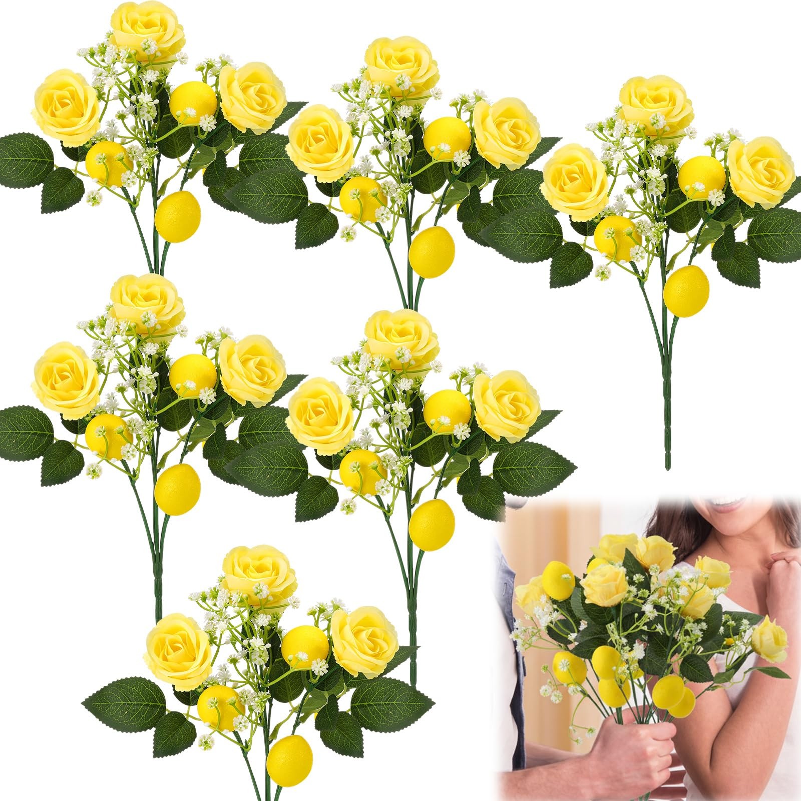 6 Pcs 12” Summer Artificial Lemon Branches Decor Fake Yellow Flower Picks Si…