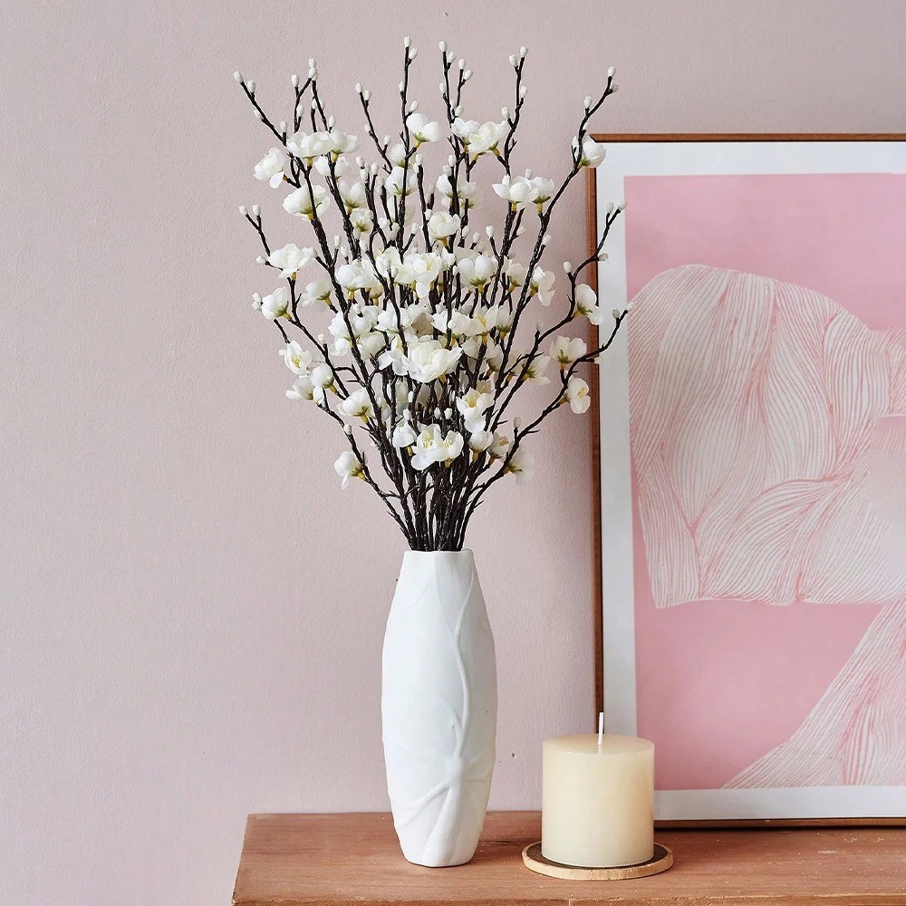 Artificial Plum Blossom 21.7” Fake Wintersweet Long Stem Plastic Flowers for Ho