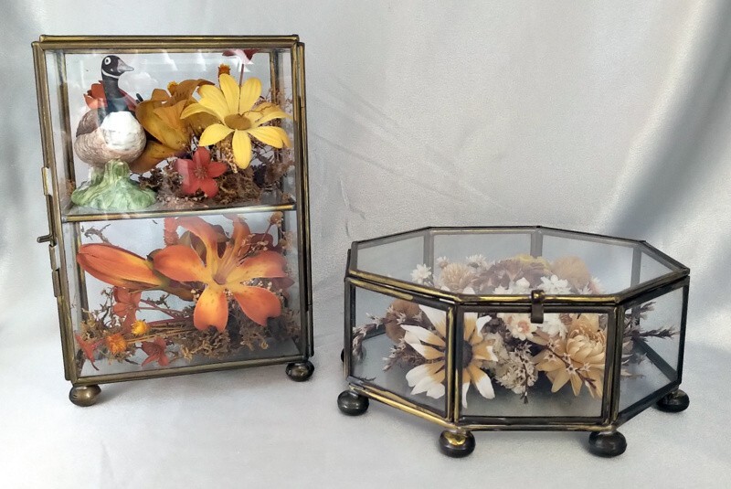 Lot (2) Vintage Octagon/Rectangle Glass Boxes w/ Dried Fall Floral Arrangements