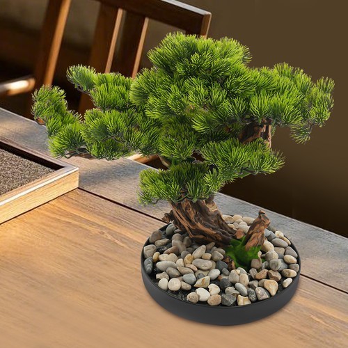Desktop Artificial Bonsai Pine Tree Decoration Realistic Fake Plant w/ Pebbles