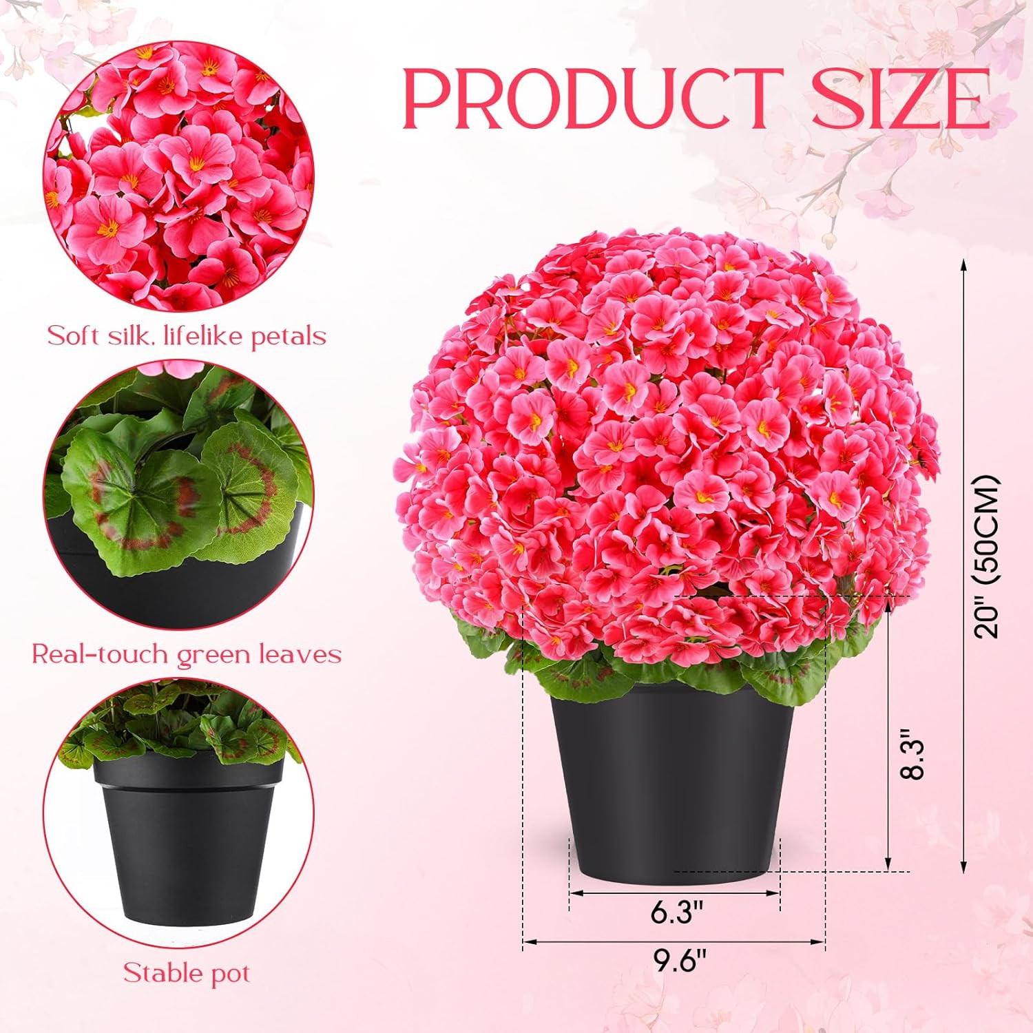 2 Pack 20″ Pink Artificial Geraniums for Outdoor & Indoor Decor