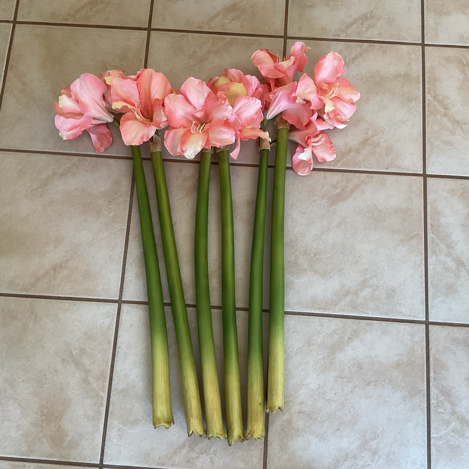 Faux Amaryllis Bundle 6 Stems 3 Blooms On Each Stem Pink Peach