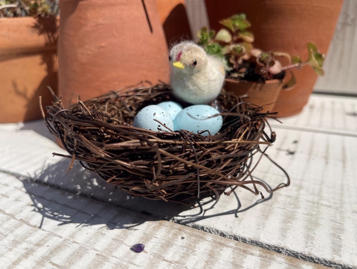 Man made Farmhouse BIRD NEST W 3 Plastic Eggs & Fuzzy Chick