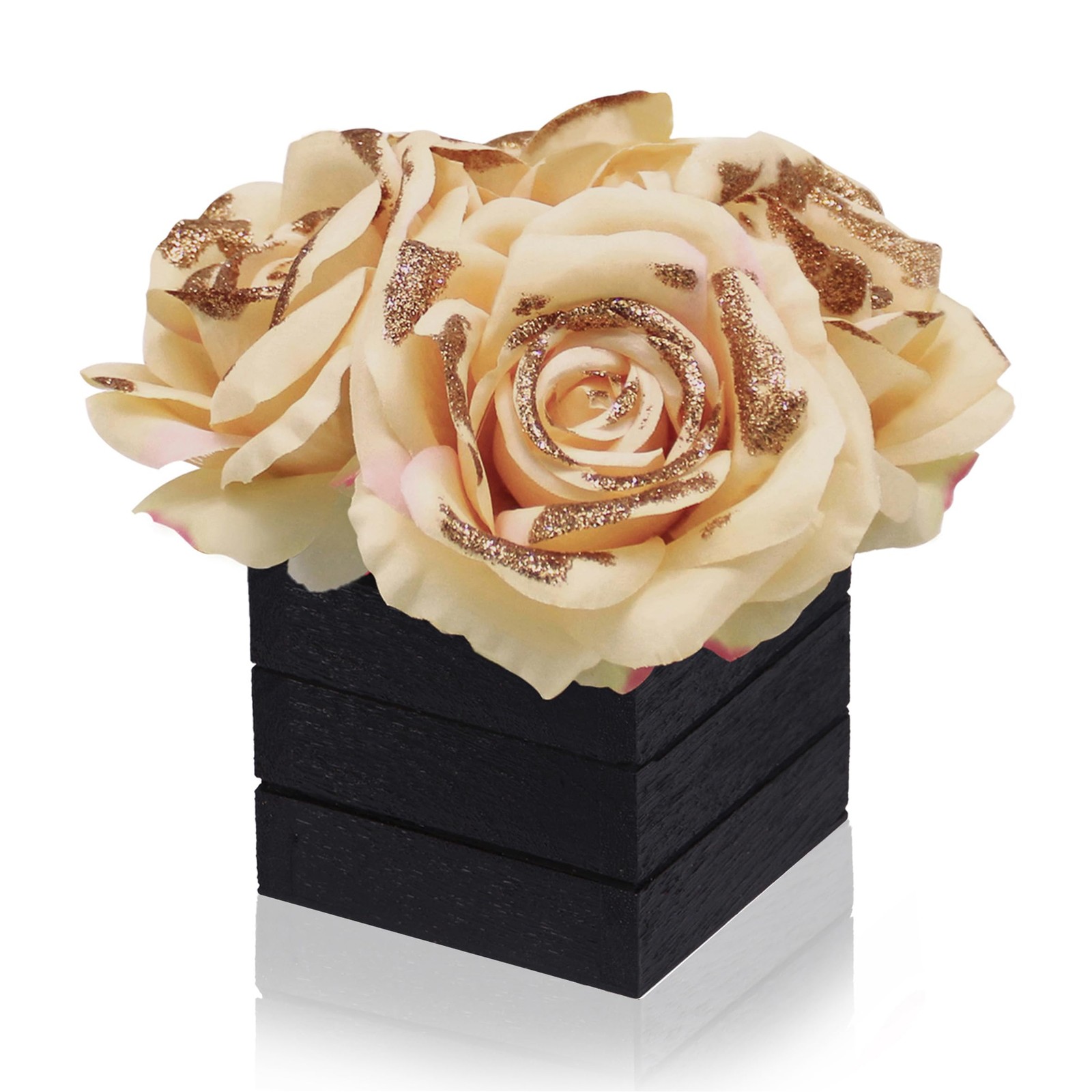 CVHOMEDECO. Artificial Champagne Roses with Wooden Vase Silk Champagne Glitte…