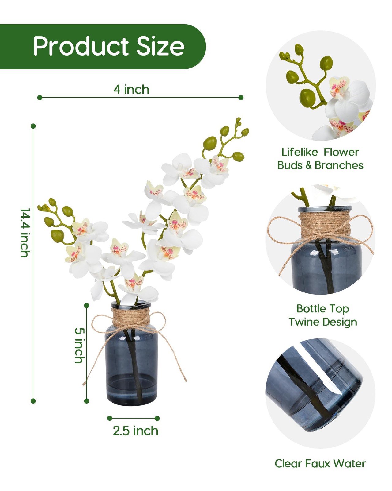 Fake Orchid in Vase with Faux Water, Fake Plants White Orchid Artificial Flow…