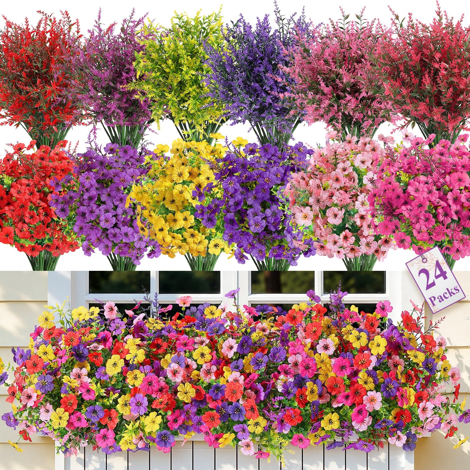 24 Bundles Artificial Flowers for Outdoors UV Resistant Decor