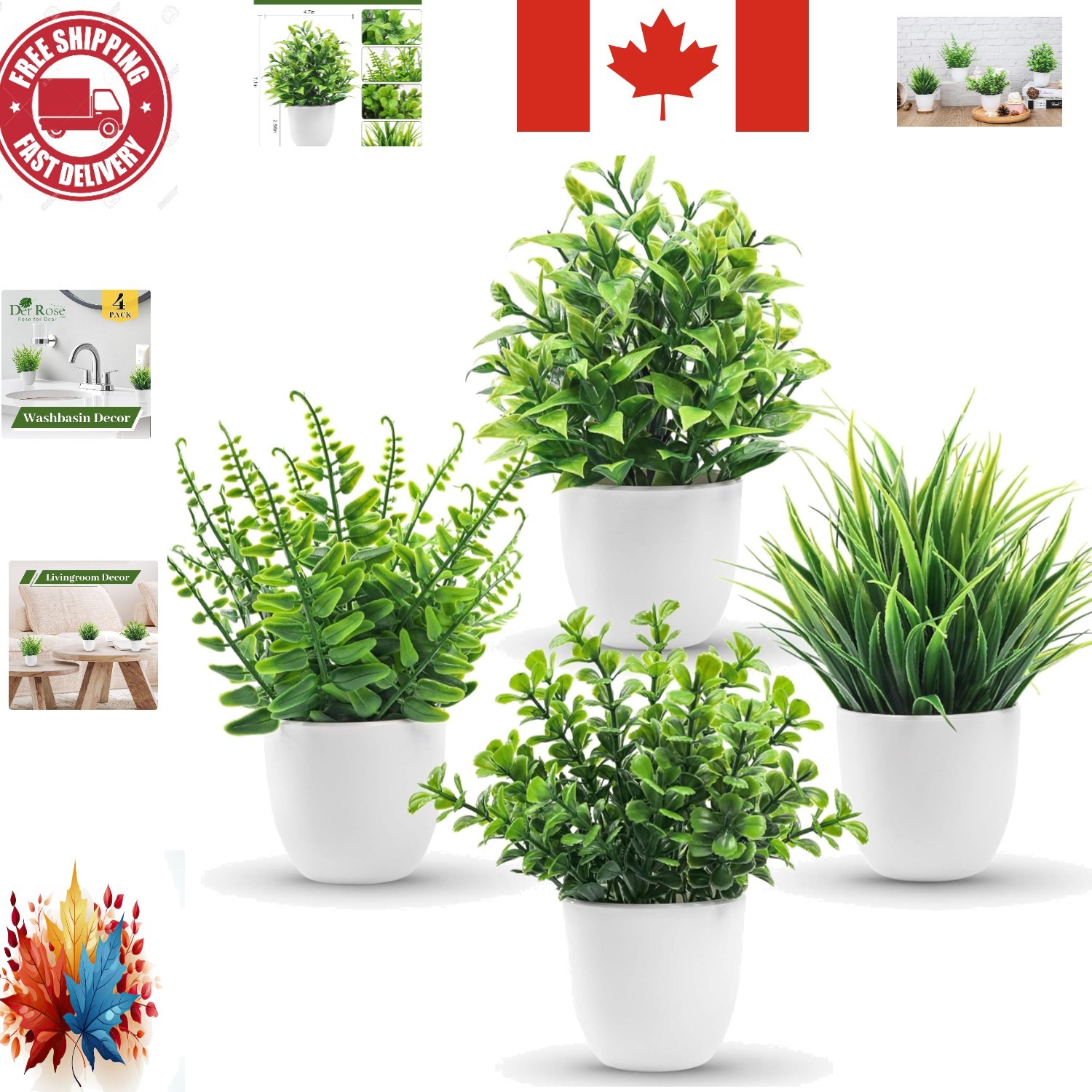 Set of 4 Artificial Plants in Elegant White Pots – No Maintenance Needed
