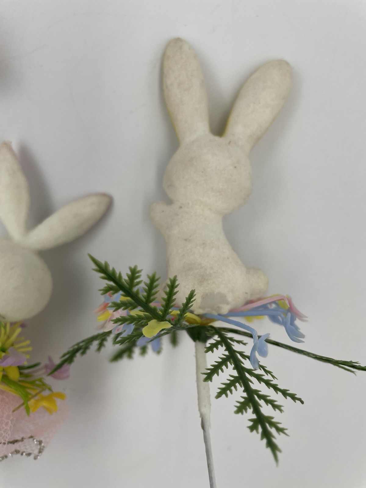 5 VTG Lot Flocked Easter Bunny Rabbit, Egg, Floral Pick Plastic Decoration A20