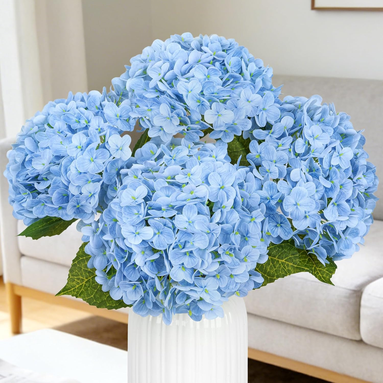 4 Pcs 21″ Hydrangea Artificial Flowers, Realistic Blue Latex Real Touch Faux Hyd