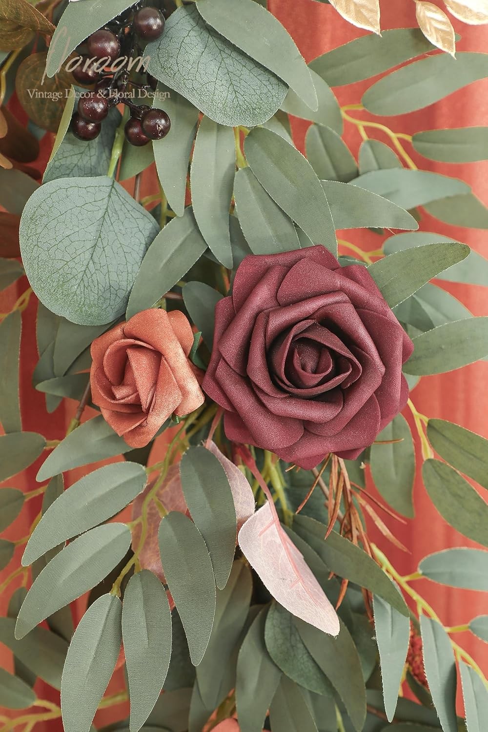 6ft Artificial Eucalyptus Garland with Flowers Fake Greenery Burnt Orange Faux