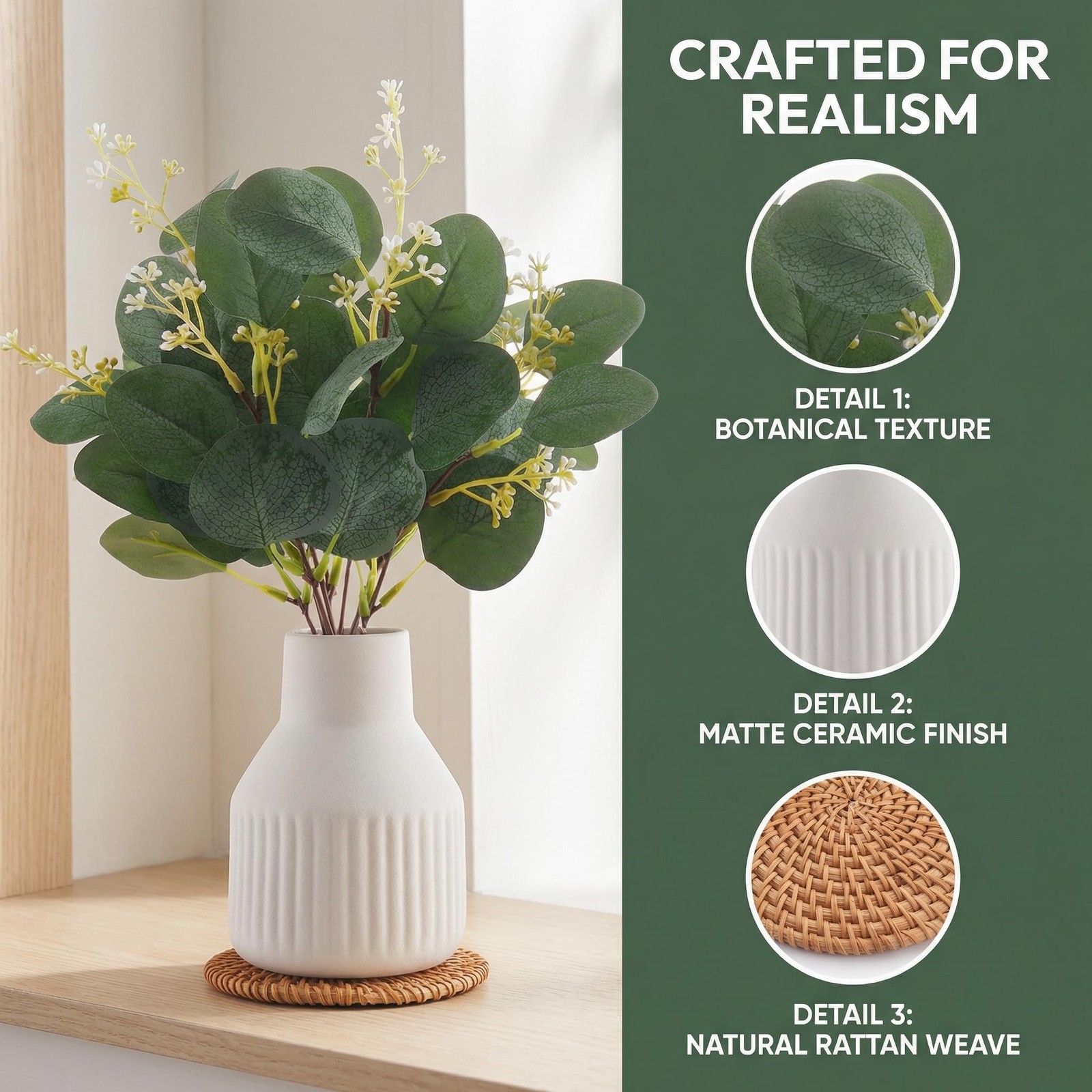 Artificial Eucalyptus Greenery Stems in Ceramic Vase,10Pcs Fake Plants Eucaly…