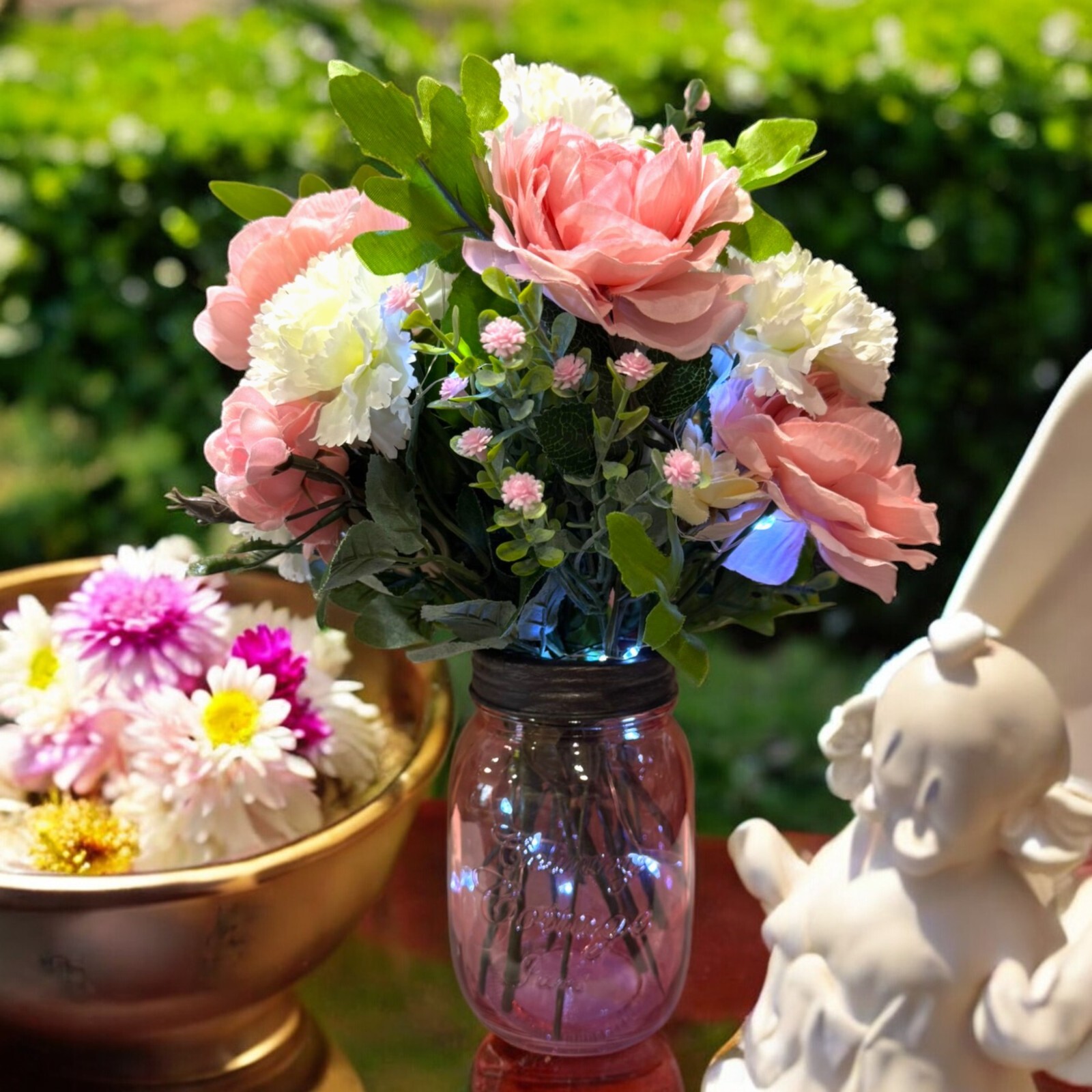 Pink Rose Carnation LED Lighted Flowers Country Farmhouse Mason Jar Mother’s Day