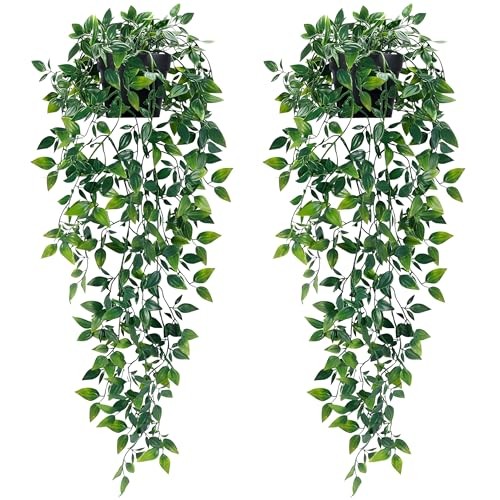 Fake Hanging Plants with Pot Deep Green Eucalyptus Leaves 2Pcs Mandala Vines