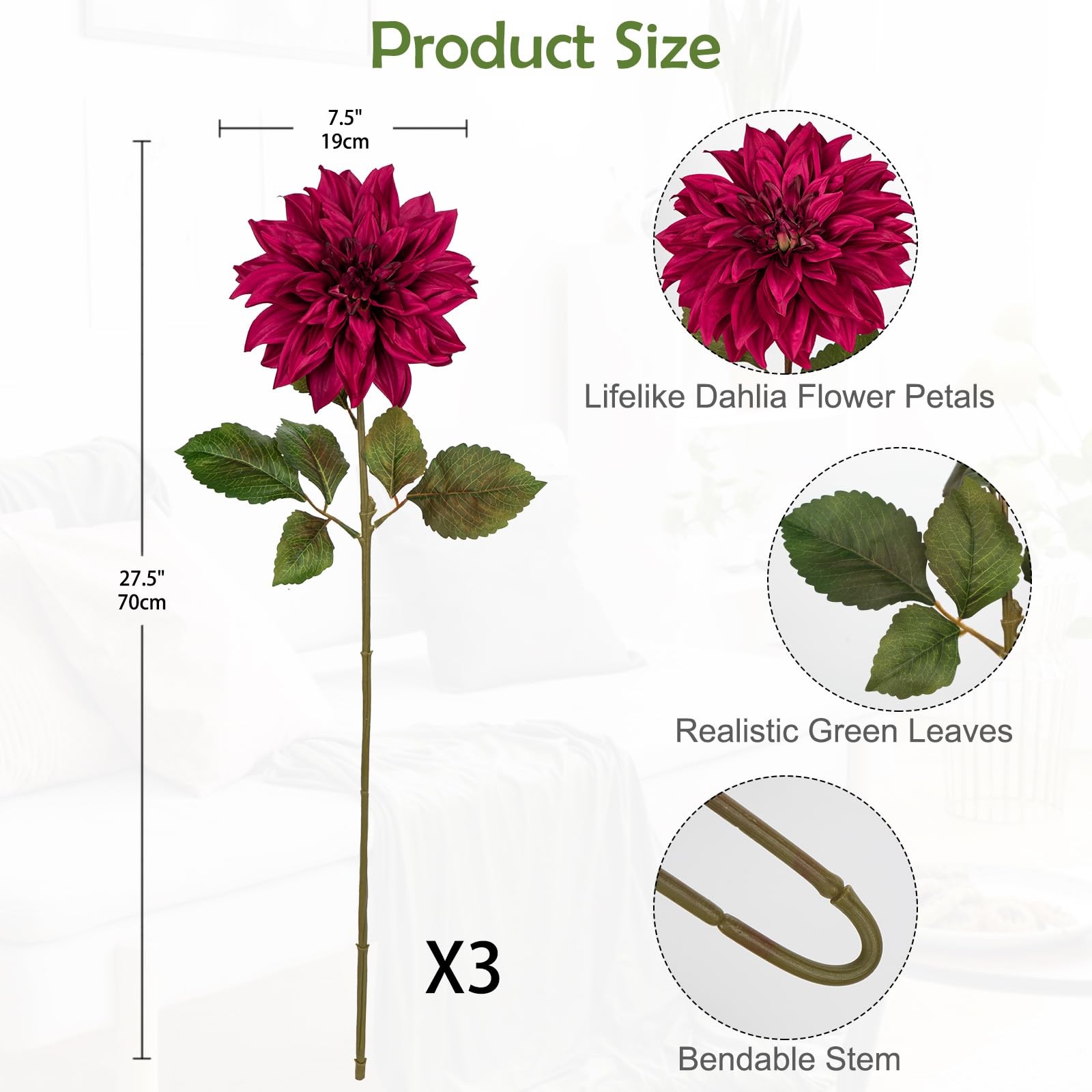3Pcs Purplish Red Artificial Dahlia Flowers Fall Fake Flower Silk Flowers wit…