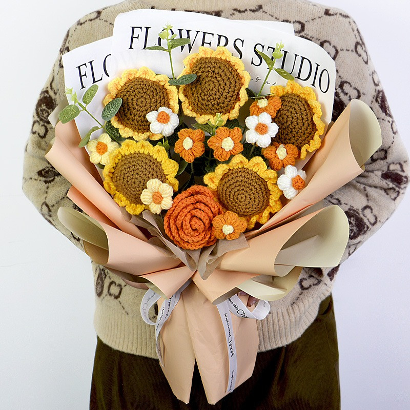 Completed Hand Knitted Crochet Flowers Bouquet Sunflower Daisy Lily Tulips Carna