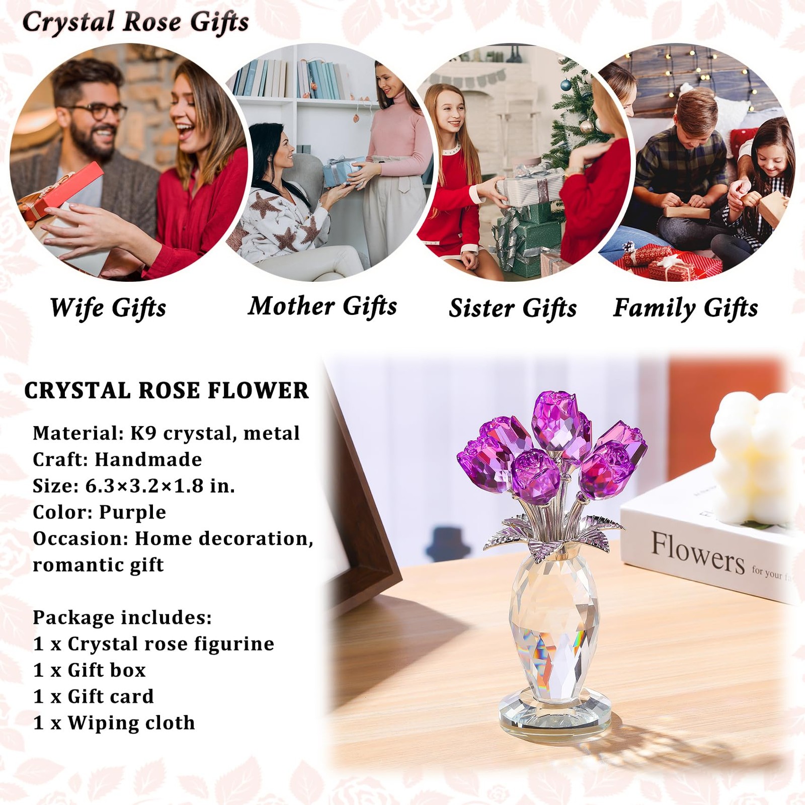 Handcrafted Crystal Purple Rose Figurine with Vase – Elegant Gift for Women