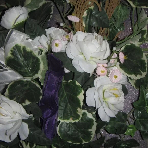 Handmade White Silk Flower Decoration on Purple Wood Wall Art Wedding Ivy 14×17