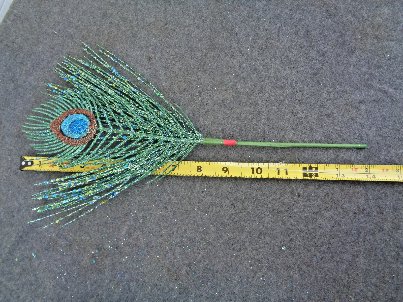 6- Green Glittered Peacock Feather Stems Floral Picks 14″
