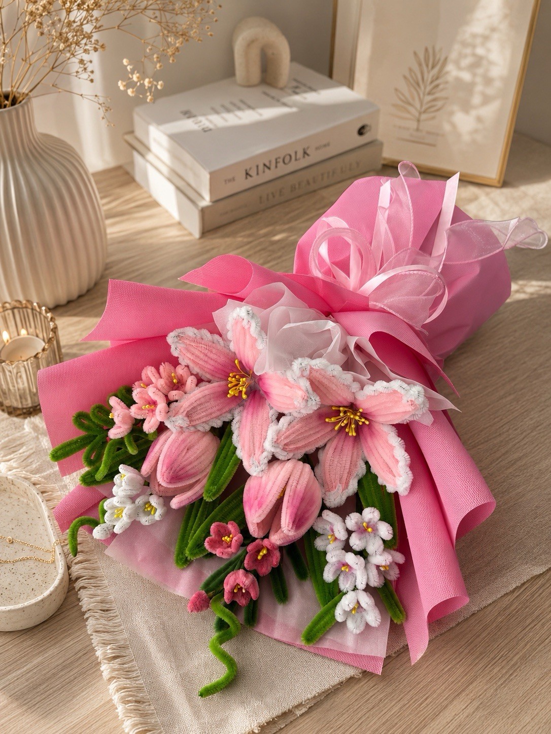 Handmade Artificial Lily Bouquet Pink White Green Large 17.5in