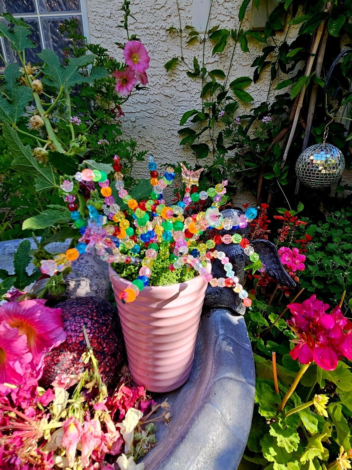 Colorful Beaded Flower Bouquet In A Mauve Pot – Multicolor