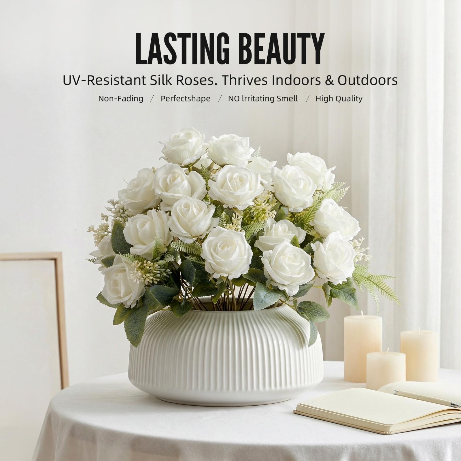 Artificial White Roses – 24 Silk Faux Flowers with Stems for Home Decor, Wedding