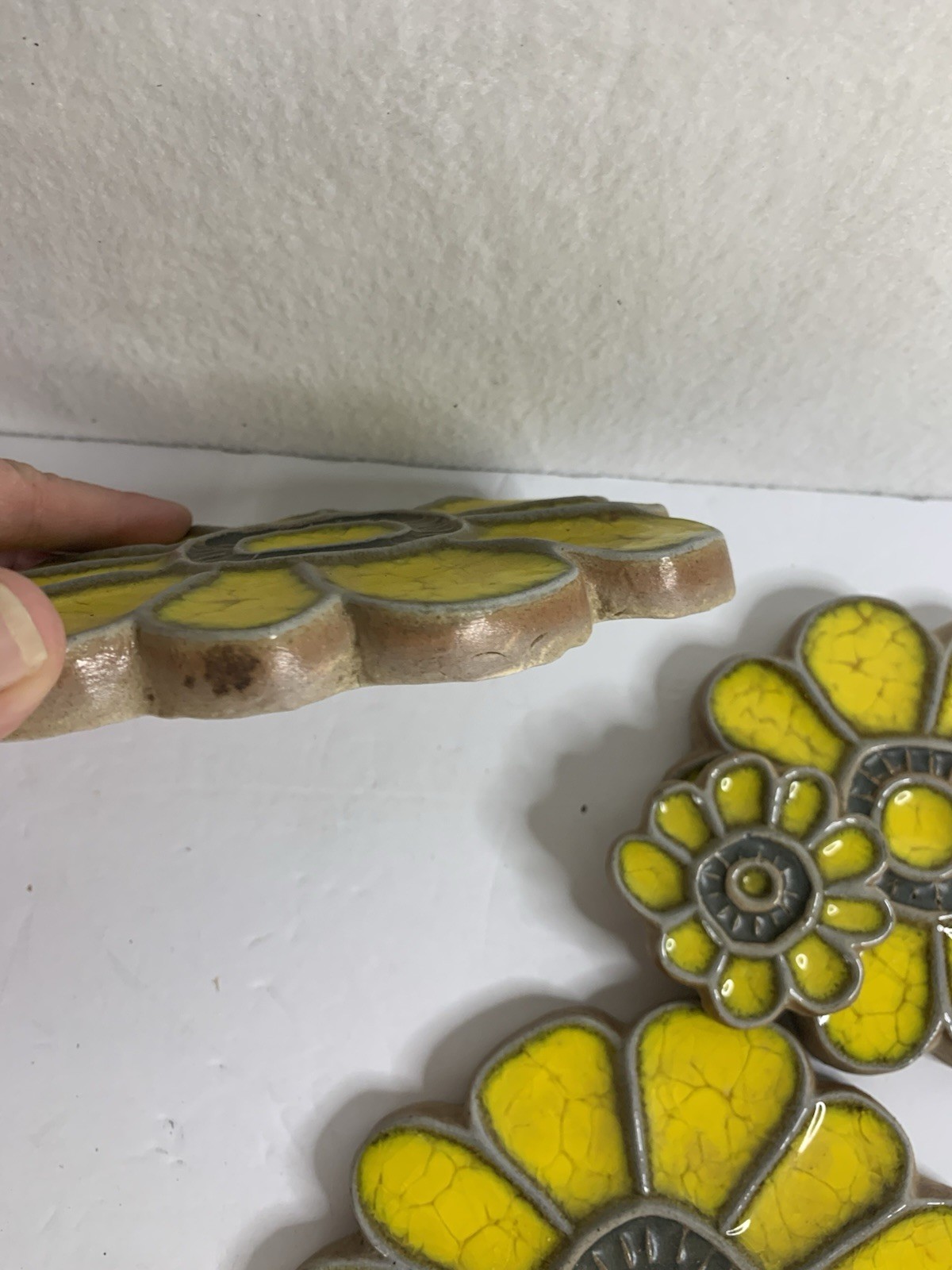 Pottery Decor Handcrafted Crackle Glazed Ceramic Folk Art Lot 4 Yellow Flowers