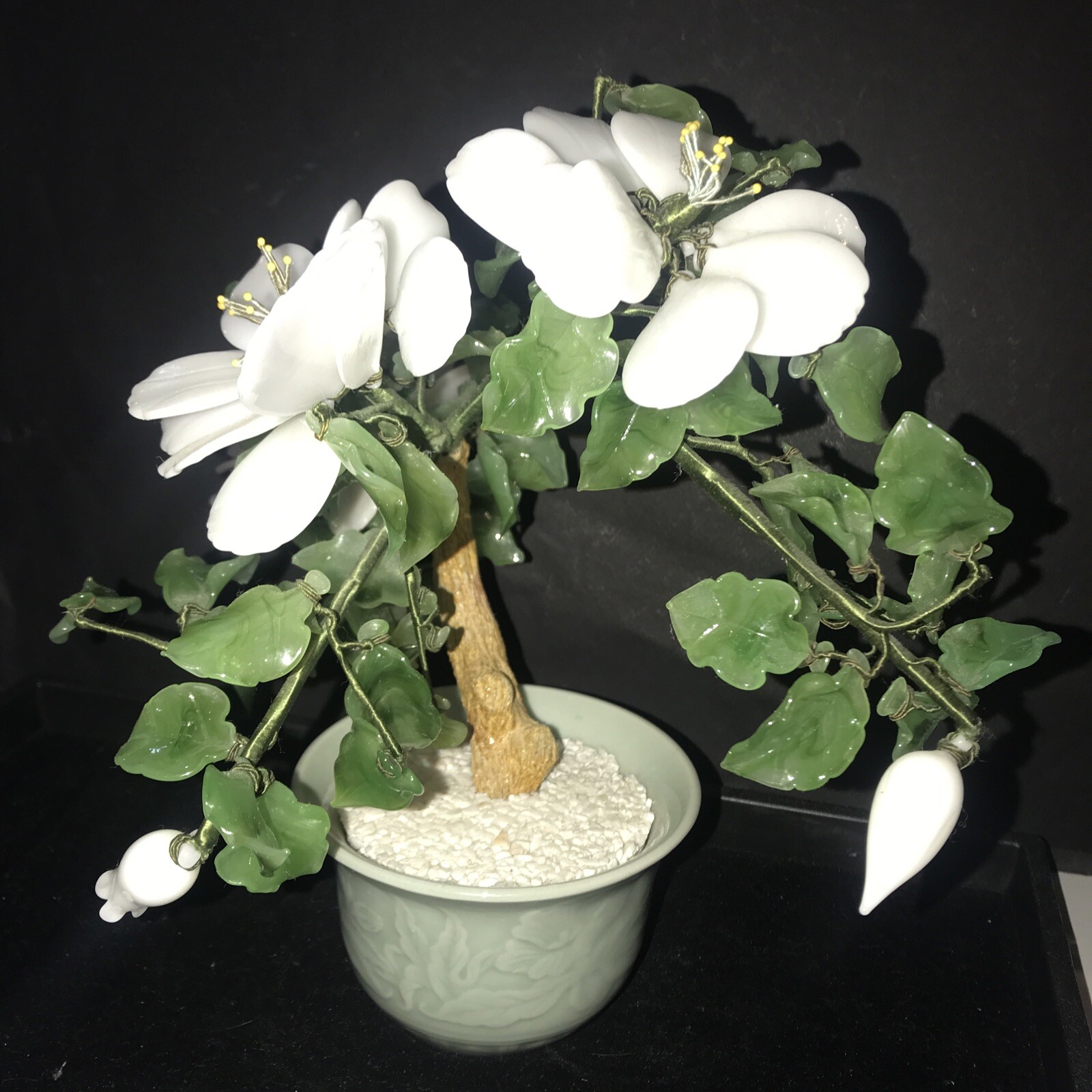 Vtg Chinese Jade & Glass Bonsai Tree Large White Peony Flowers Celadon Pot MCM