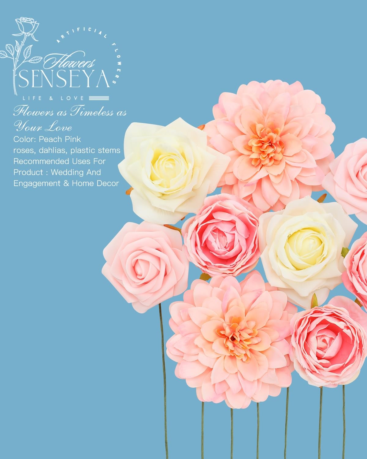 Artificial Flowers Combo, Peach Pink Silk Roses, Peonies, Dahlias with Stems …