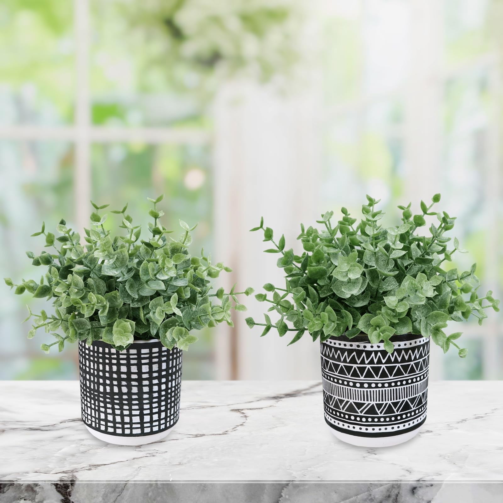 Set of 2 Small Potted Plants Artificial Eucalyptus Plant in Black Geometric C…