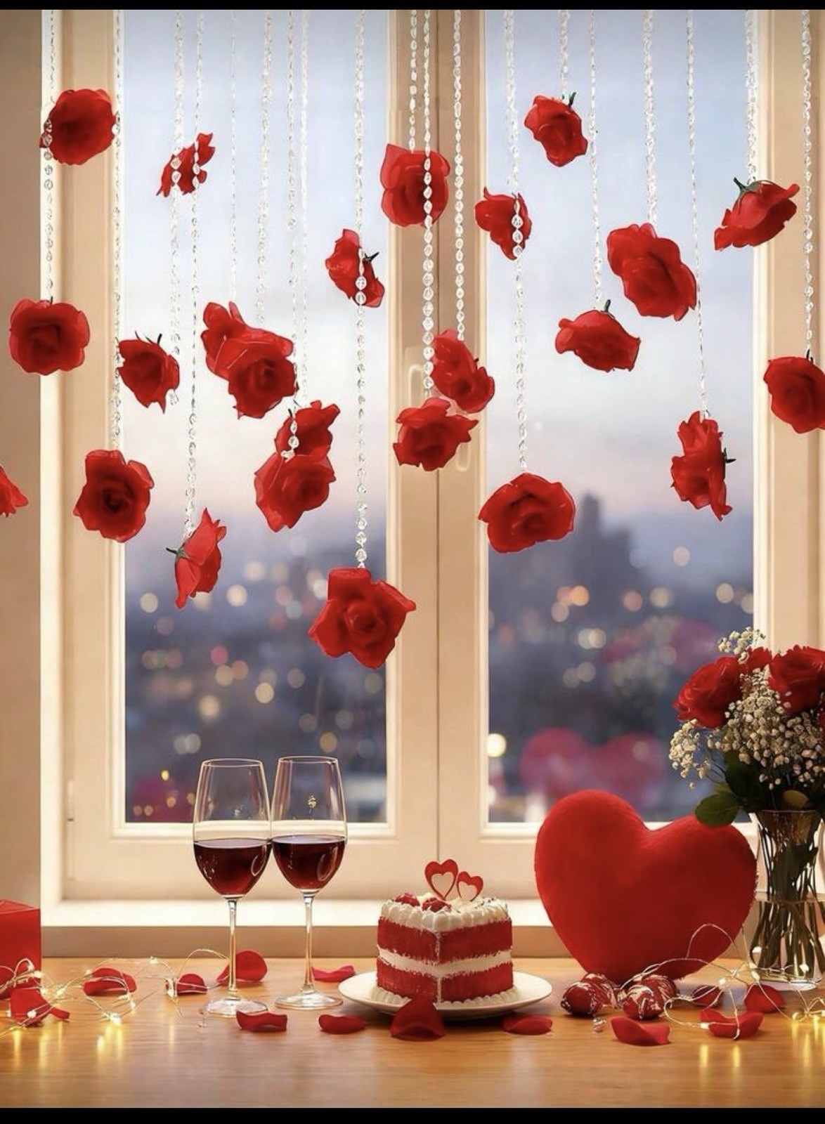 Artificial Red Rose Hanging Decor with Crystal Bead Strands, 7cm Roses 21 pcs
