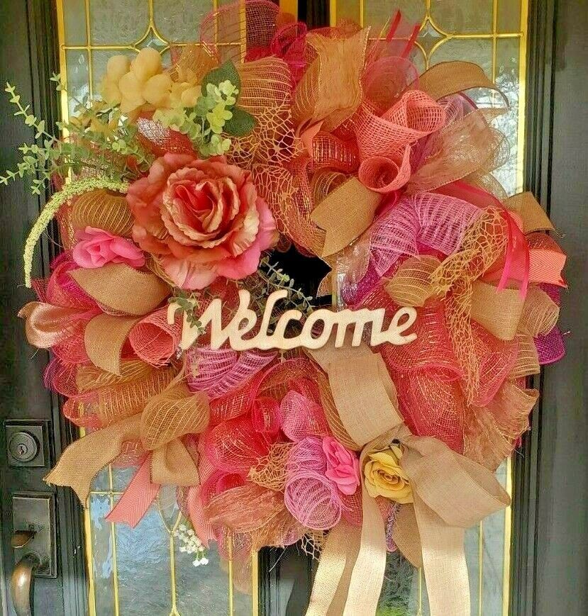 Large Spring Summer Burlap Deco Mesh Wreath Pink Rose Farmhouse Front Door Decor