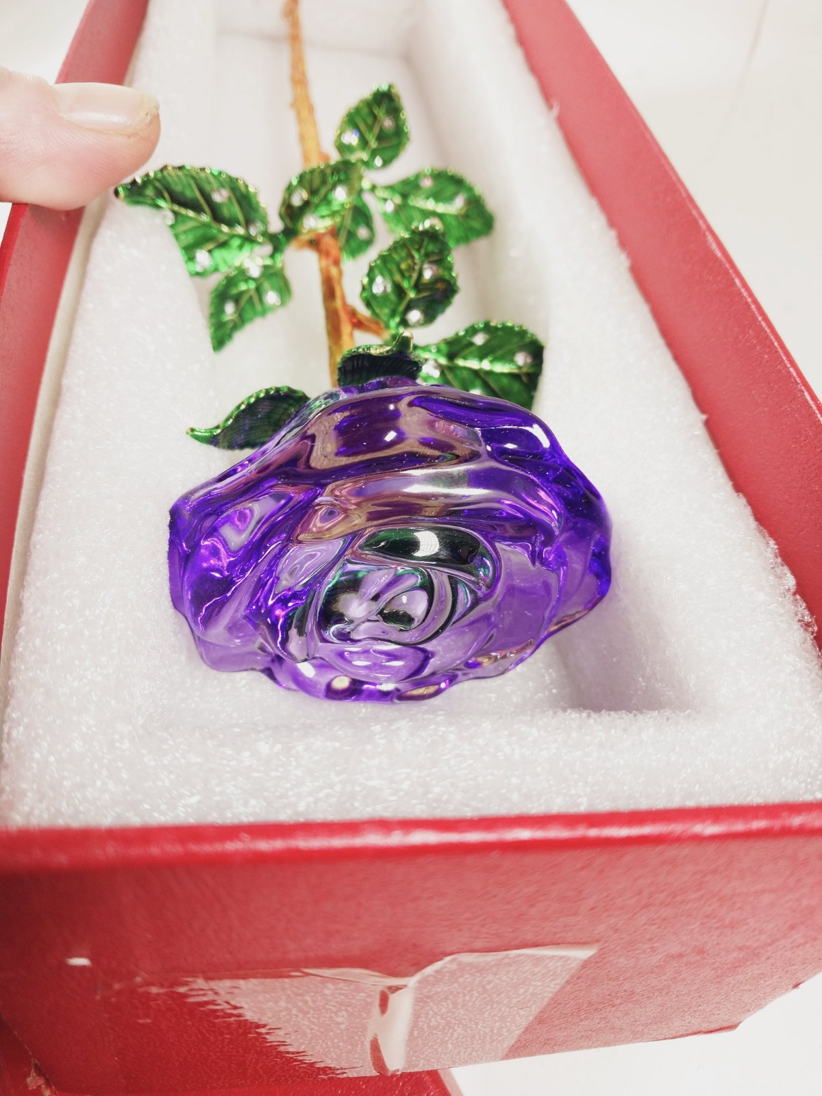 Long Stemmed Purple Rose Figurine Glass Crystal Mothers Easter Event Bling 9.5″