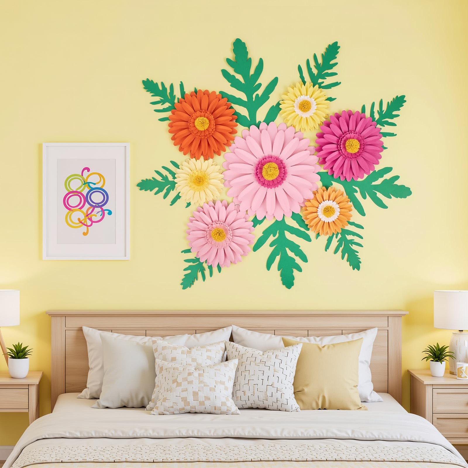 3D Paper Flowers Daisy Wall Decor Set Pink Orange Green Leaves 17pc 10in Large