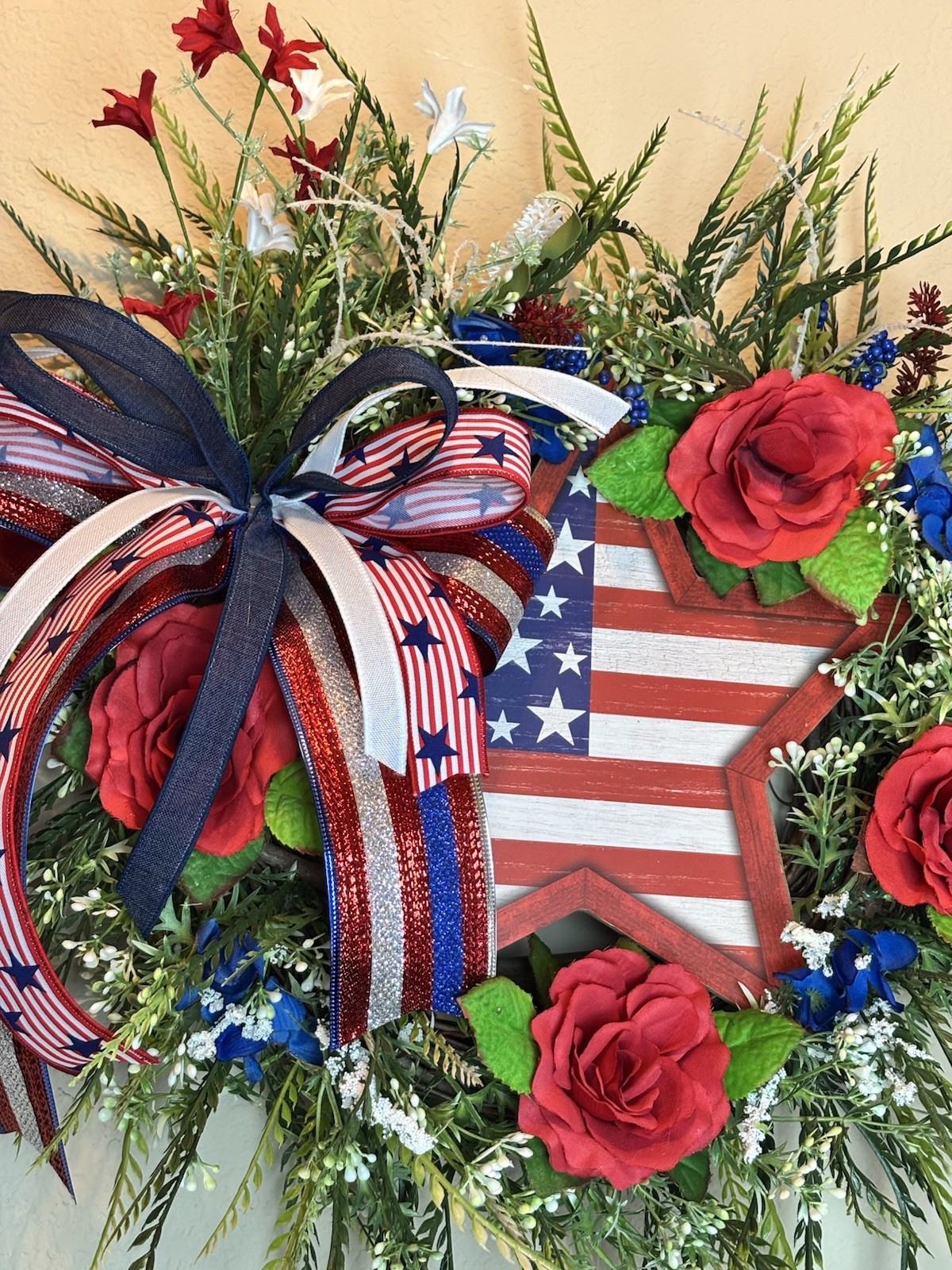 Patriotic Wreath USA Flag Red White Blue Front Door Decor Bow